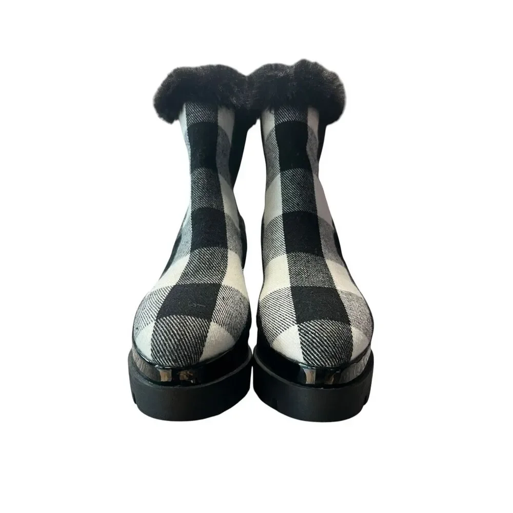 DKNY 9 Bax wedge booties black white buffalo check plaid thick black lug sole